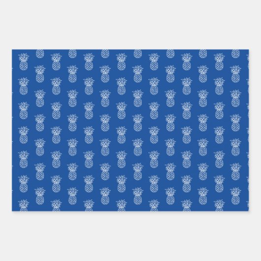 Navy Blauw en Wit Tropische Preppy Ananas Inpakpapier Vel (Voorkant 3)