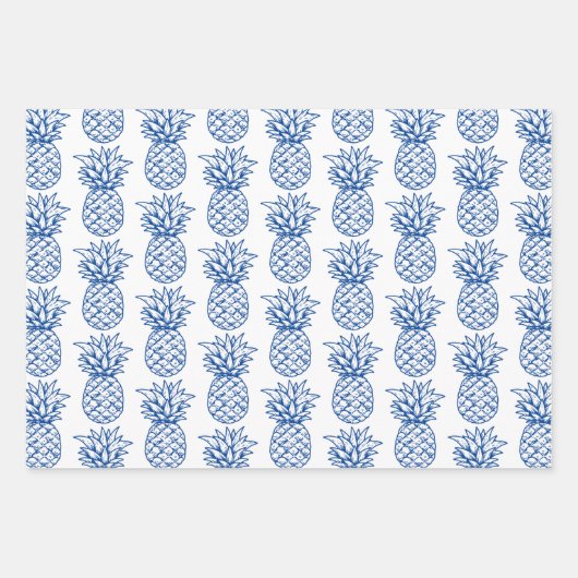 Navy Blauw en Wit Tropische Preppy Ananas Inpakpapier Vel (Voorkant)