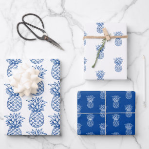 Navy Blauw en Wit Tropische Preppy Ananas Inpakpapier Vel