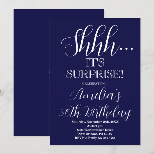 Navy Blauw en Wit Verrassing Verjaardagsfeest Kaart (Voorkant / Achterkant)