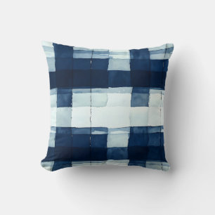 Navy Blauw en Wit Waterverf Plaid Sierkussen