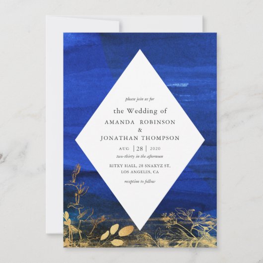 Navy Blauw en Wit Waterverf Wash Bruiloft Kaart (Voorkant)