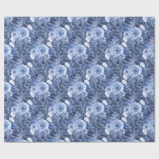 Navy Blauw en Witte Roos Bloemen Cadeaupapier (Vlak)