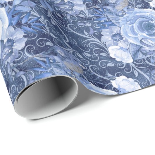 Navy Blauw en Witte Roos Bloemen Cadeaupapier (Rol Hoek)