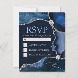Navy-blauw en zilver glitter agaat verjaardagsfees RSVP kaartje
