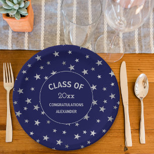 Navy blauw en Zilveren Sterren afstudeerfeest Papieren Bordje