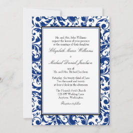 Navy Blauw en Zwart Swirl Damask Bruiloft Kaart
