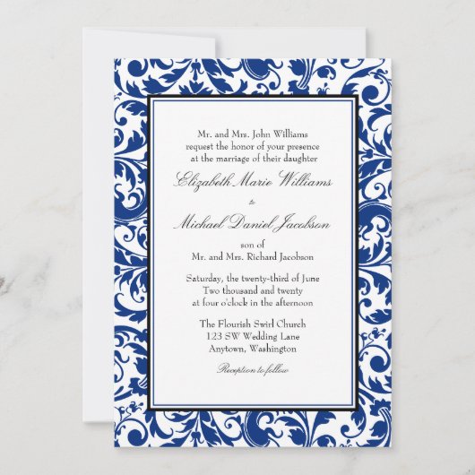 Navy Blauw en Zwart Swirl Damask Bruiloft Kaart (Voorkant)