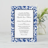 Navy Blauw en Zwart Swirl Damask Bruiloft Kaart (Staand voorkant)