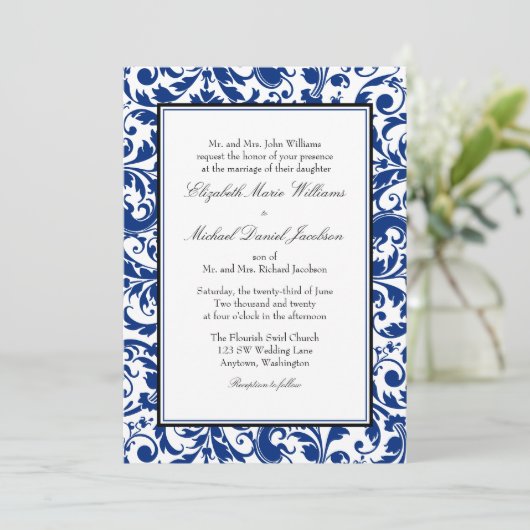 Navy Blauw en Zwart Swirl Damask Bruiloft Kaart (Staand voorkant)