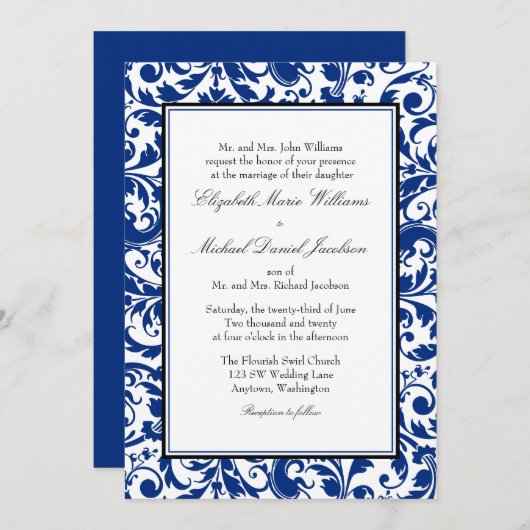 Navy Blauw en Zwart Swirl Damask Bruiloft Kaart (Voorkant / Achterkant)