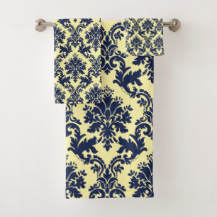 Navy blauw florale damast op lichtgeel bad handdoek
