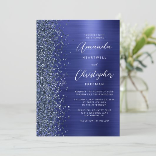 Navy Blauw Geborsteld Metaal Glitter Script Bruilo Kaart (Staand voorkant)
