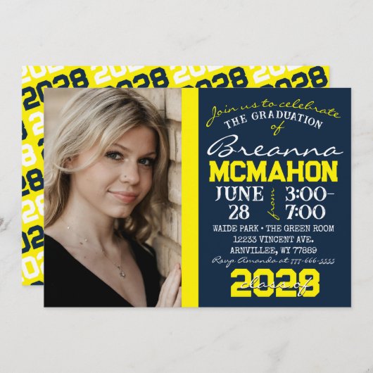 Navy blauw & geel Afstuderen fotouitnodiging Kaart (Voorkant / Achterkant)