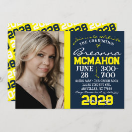 Navy blauw & geel Afstuderen fotouitnodiging Kaart