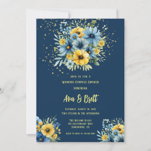 Navy blauw geel bloemen goud bruiloft paar douche kaart