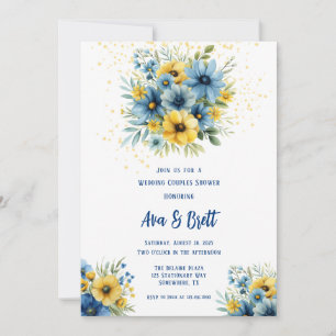 Navy blauw geel bloemen goud bruiloft paar douche kaart