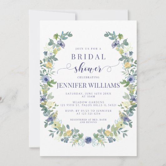 Navy blauw geel bloemenbruids douche uitnodiging (Voorkant)