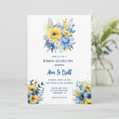Navy blauw geel geschilderd bloemengoud bruiloft kaart (Staand voorkant)