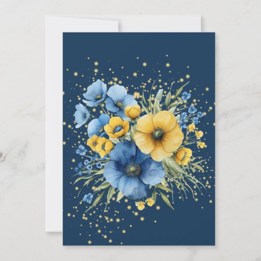 Navy blauw geel geschilderd bloemengoud bruiloft kaart (Achterkant)