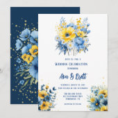 Navy blauw geel geschilderd bloemengoud bruiloft kaart (Voorkant / Achterkant)