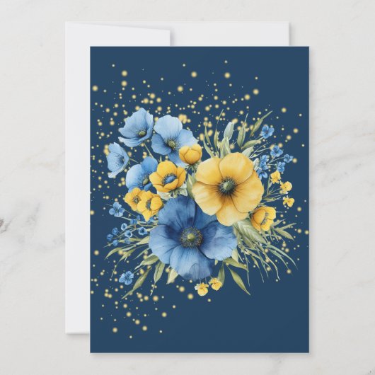 Navy blauw geel geschilderd bloemengoud bruiloft kaart (Achterkant)