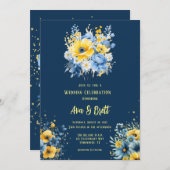 Navy blauw geel geschilderd bloemengoud bruiloft kaart (Voorkant / Achterkant)