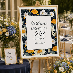 Navy Blauw Geel Wit Madeliefjes Verjaardag Welkom Poster