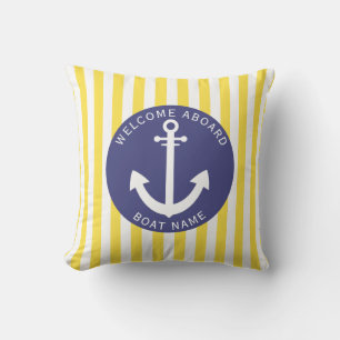 Navy Blauw Gele Streep Bootnaam Anker Nautical Buitenkussen