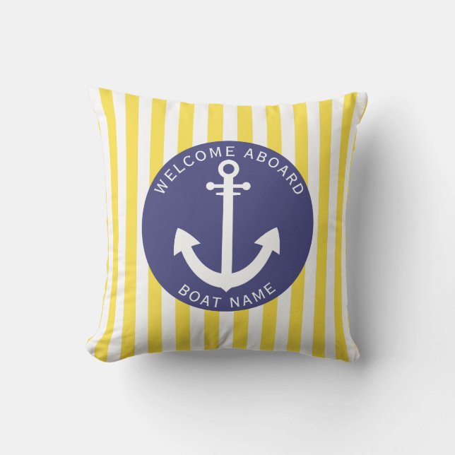 Navy Blauw Gele Streep Bootnaam Anker Nautical Buitenkussen (Voorkant)