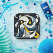 Navy Blauw Geometrisch Abstract Pinguïn Art Papieren Bordje (Feest)