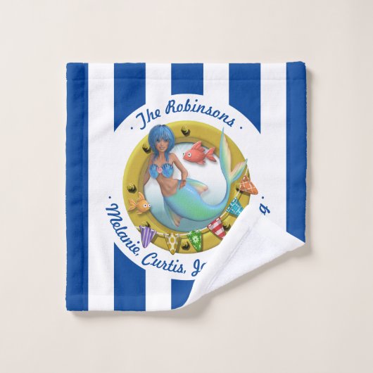 Navy Blauw Gestreept Zeemeermin Porthole Zomer Str Bad Handdoek (Wasdoekje)
