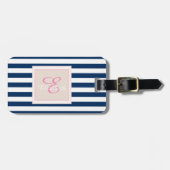 Navy-blauw gestreepte Monogram-personalisatie Bagagelabel (Voorkant horizontaal)