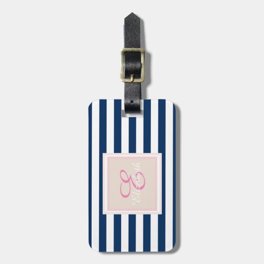 Navy-blauw gestreepte Monogram-personalisatie Bagagelabel (Voorkant verticaal)