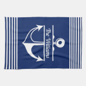 Navy blauw gestreepte witte anker aangepaste naam theedoek (Horizontaal)