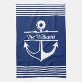 Navy blauw gestreepte witte anker aangepaste naam theedoek (Verticaal)
