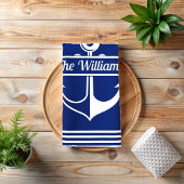 Navy blauw gestreepte witte anker aangepaste naam theedoek
