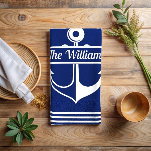 Navy blauw gestreepte witte anker aangepaste naam theedoek