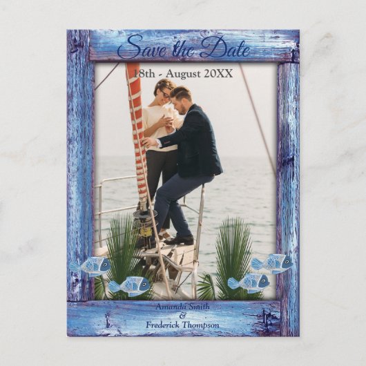 Navy - Blauw gestructureerd hout & vis Save the Da Aankondigingskaart (Voorkant)