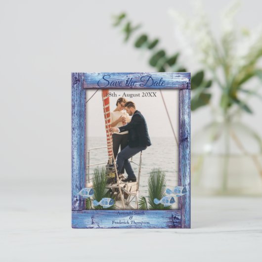 Navy - Blauw gestructureerd hout & vis Save the Da Aankondigingskaart (Staand voorkant)