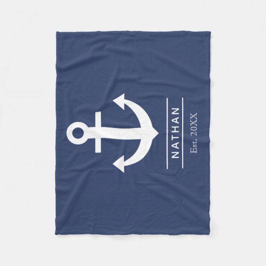 Navy blauw gewassen anker aangepaste monogram naam fleece deken (Voorkant)