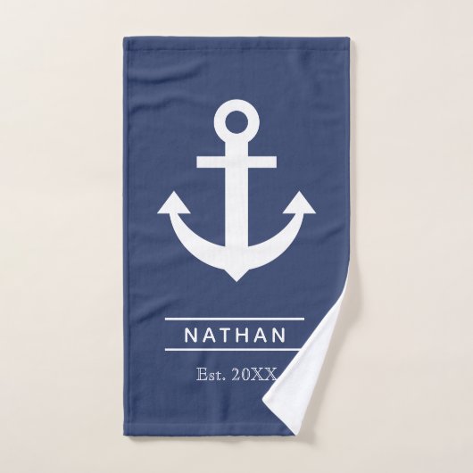 Navy blauw gewassen anker aangepaste monogram naam handdoek (Handdoek)