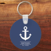 Navy blauw gewassen anker aangepaste monogram naam sleutelhanger (Achterkant)