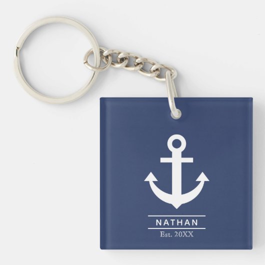 Navy blauw gewassen anker aangepaste monogram naam sleutelhanger (voorkant)