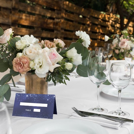 Navy blauw glitter fonkelt namen bruiloft plaatskaartje