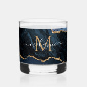 Navy Blauw Glitter Marmer Custom Letter Naam Whisky Glas (Voorkant)