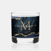 Navy Blauw Glitter Marmer Custom Letter Naam Whisky Glas (Achterkant)
