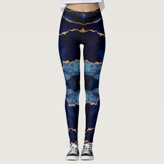 Navy Blauw Glitter Marmer Edelsteen Leggings (Voorkant)