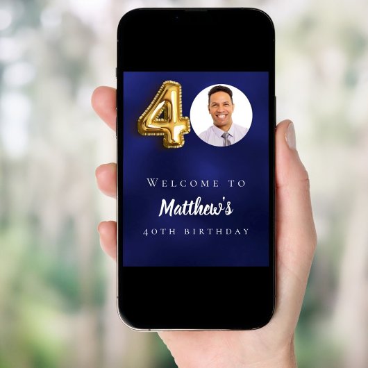 Navy blauw goud 40e foto verjaardagsfeestje welkom poster