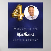 Navy blauw goud 40e foto verjaardagsfeestje welkom poster (Voorkant)
